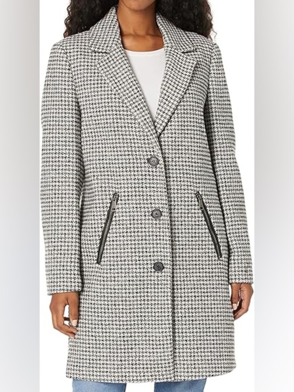 DKNY Houndstooth Wool-Blend Long Coat - Black & White